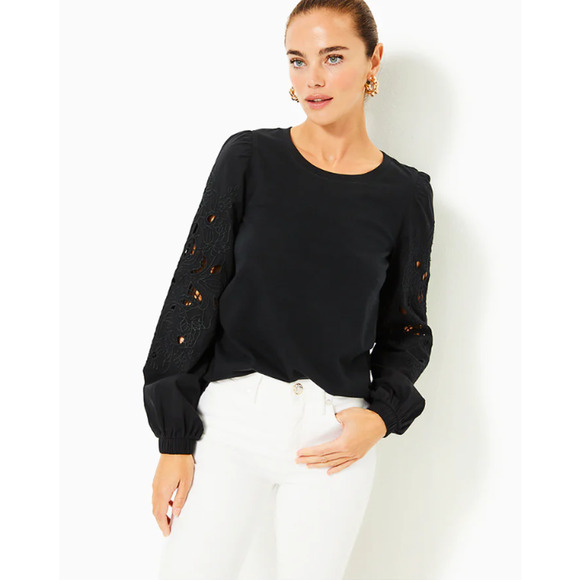 Lilly Pulitzer Tops - LILLY PULITZER Womens Isley Knit Top Large Black Long Eyelet Sleeves NWT